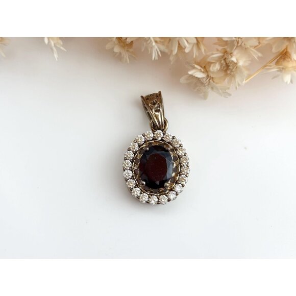 Smokey Quartz & CZ Faceted Halo Sterling Silver 925 Vintage Pendant - Picture 9 of 9